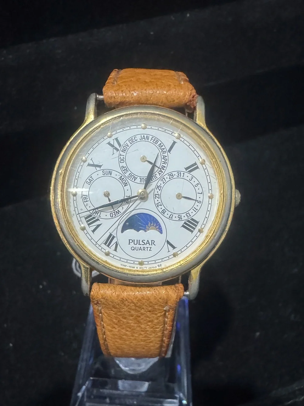 Pulsar White Dial Moonphase Watch with Tan Leather Strap